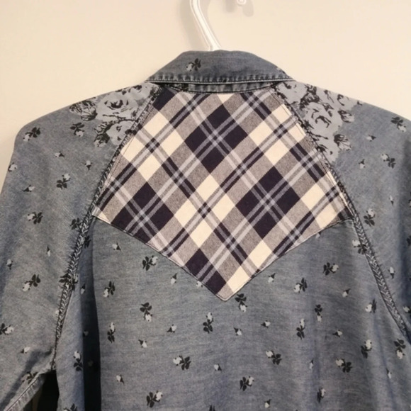 Free People Dottie Over You Chambray Button Up Floral and Plaid Blouse Medium - Picture 7 of 16